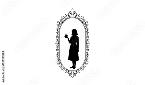 Minimal woman silhouette with apple in oval floral frame classic fairy tale style vector illustration