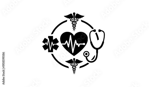 Modern medical emblem silhouettes with heartbeat caduceus and stethoscope circular healthcare vector design