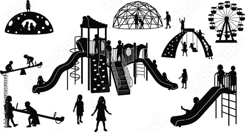 Black silhouette set of happy children playing on outdoor playground equipment, featuring slides, swings, seesaws, climbing frames, and ferris wheel.