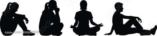 Black silhouette set of people sitting on floor including woman meditating in lotus pose sad depressed girl and relaxed man