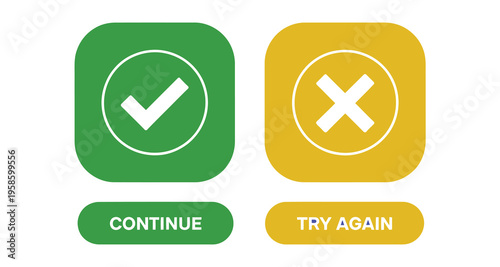 Continue and try again button set, UI control buttons for retrying actions and continuing processes, vector illustration collection for mobile apps, web interfaces, and interactive software design.