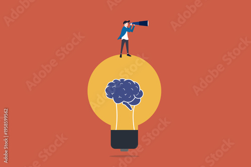 Businessman standing on a large lightbulb using a telescope to analyze market trends and future growth projections