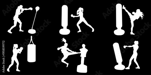 Set of female boxer silhouettes training with punching bag. Strong and dynamic poses isolated on black background. Perfect for fitness, sport, women empowerment and active lifestyle design.