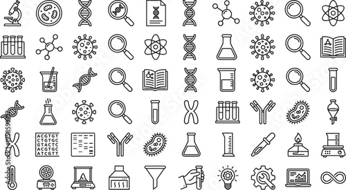 Large collection of black linear laboratory science icons featuring microscope dna strands bacteria magnifying glass and chemistry research equipment