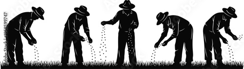 Black silhouette set of farmers planting seeds in field including various poses of manual labor for agriculture growth and organic farming