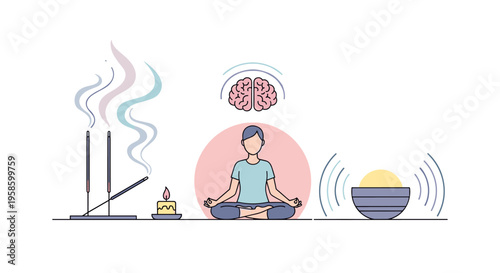 Person meditating with incense, candle, brain, and singing bowl for mindfulness