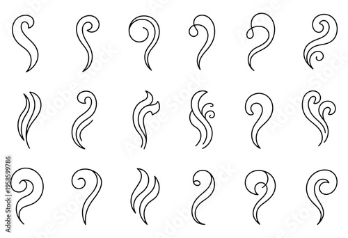 Doodle smoke icons set, water steam symbols, hand drawn hot,  line air smell symbols, doodle fire smoke icons, vector illustration isolated on white background