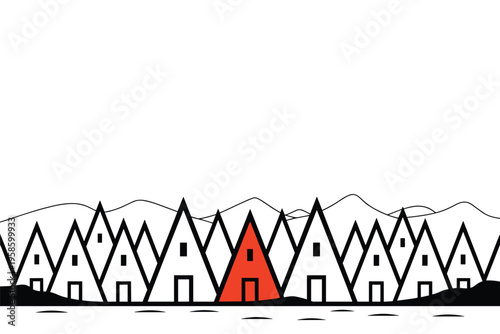 Red House Standing Out in a Row of Identical Houses, Individuality Concept, uniqueness concept with copy space