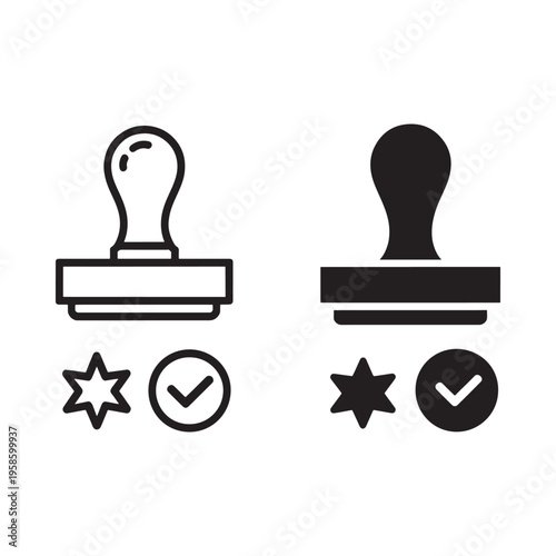 Two stamp icons with checkmarks and stars in a line art style