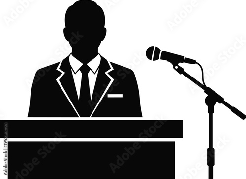 Black silhouette of a businessman speaking at a podium with a microphone representing public speaking press conference politics and leadership