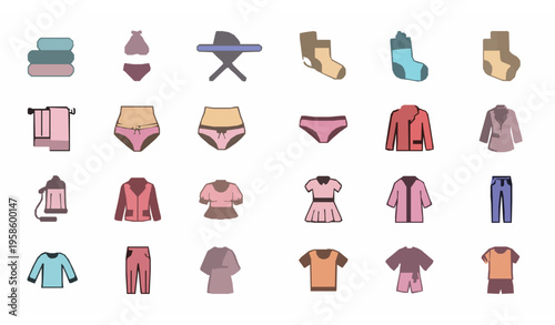 Textile and clothing filled icon set towels bikini socks kimono t shirt vector isolated on white background