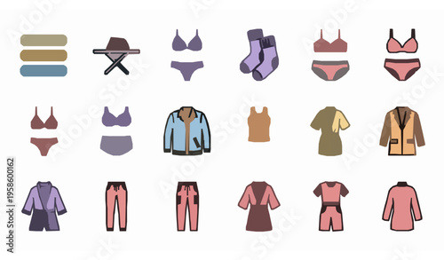 Fashion textile icon collection filled clothing symbols vector isolated on white background