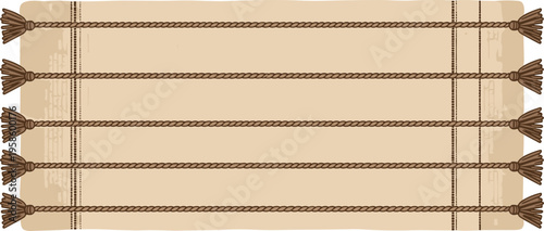 Vector woven mat illustration featuring beige textile with decorative brown ropes and tassels