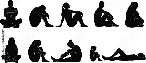 Black silhouette set of people sitting on floor including sad lonely woman depressed man and relaxed girl representing mental health