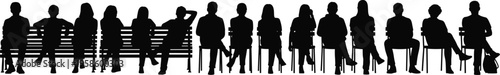 Black silhouette set of people sitting on benches and chairs in a row representing waiting room audience public transit or park