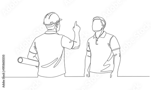 One continuous single drawn line art doodle customer and architect with drawings. Building model with customer, construction design consultation concept, single line art