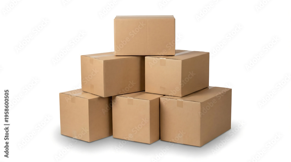 Fototapeta premium Cardboard boxes in stack: Six simple cardboard boxes arranged in a neat stack, poised ready for packaging and delivery.