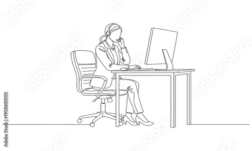 Single continuous line drawing of young confused call center worker answering phone call. Customer service business. Continuous line draw design graphic vector illustration