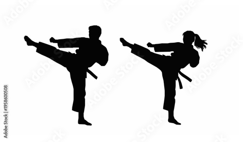 Male and female martial arts high kick silhouettes showing strength and equality vector illustration isolated on white
