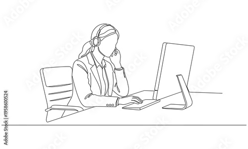Single continuous line drawing of young confused call center worker answering phone call. Customer service business. Continuous line draw design graphic vector illustration