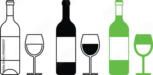 Three types of wine bottles and glasses illustrated in black and white and green colors
