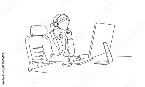 Single continuous line drawing of young confused call center worker answering phone call. Customer service business. Continuous line draw design graphic vector illustration