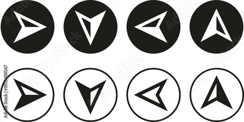 Modern navigation arrow icon set featuring minimalist triangular pointers in circular frames for digital map and user interface design