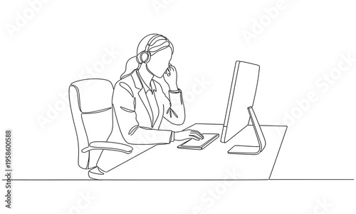 Single continuous line drawing of young confused call center worker answering phone call. Customer service business. Continuous line draw design graphic vector illustration