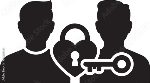 Vector art of black silhouette of two people with a heart shaped lock and key