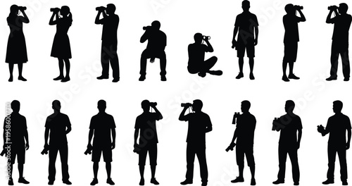 Set of black silhouettes showing people looking through binoculars in different standing and sitting poses, isolated on a white background