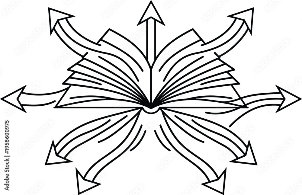 Obraz premium Open book line art vector illustration with multiple curved arrows pointing outward for educational knowledge and information sharing