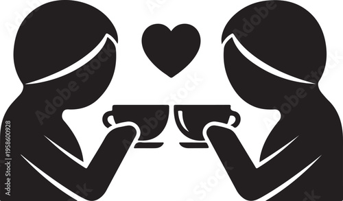 Vector art of black silhouette of two people drinking coffee with a heart