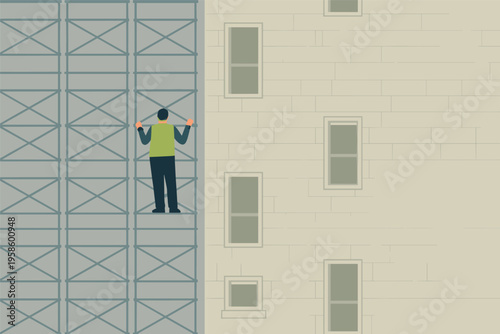 Man on scaffolding working on building exterior, construction work concept