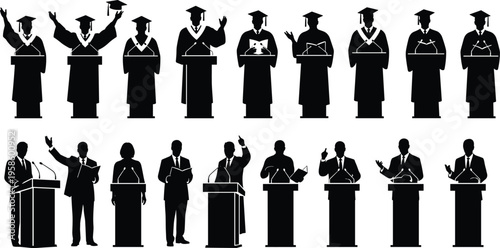 Set of black silhouettes showing university graduates and business professionals giving public speeches at podiums isolated on a white background