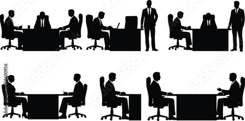 Set of black silhouettes showing business people sitting at desks during job interviews and corporate meetings isolated on white background