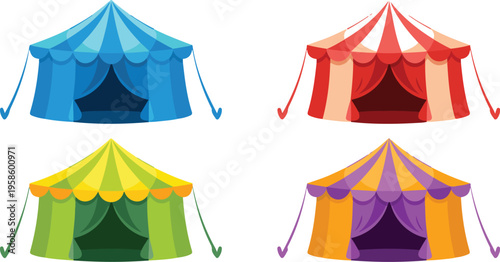 Four colorful tents with unique designs and vibrant patterns, outdoor market stalls and festival booths isolated on white background vector illustration