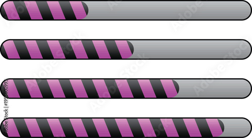 Pink striped progress bar set. Loading indicator interface with diagonal pattern design. Modern status bar element for user interface applications.