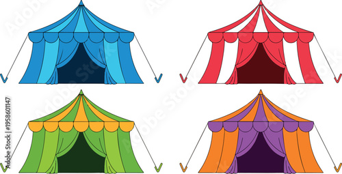 Four colorful tents with unique designs and vibrant patterns, outdoor market stalls and festival booths isolated on white background vector illustration