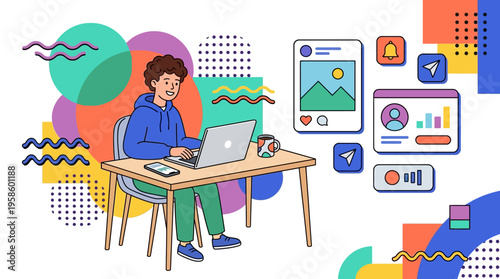 Creative young professional engaging with digital platforms and content creation on laptop at a vibrant abstract workspace illustration