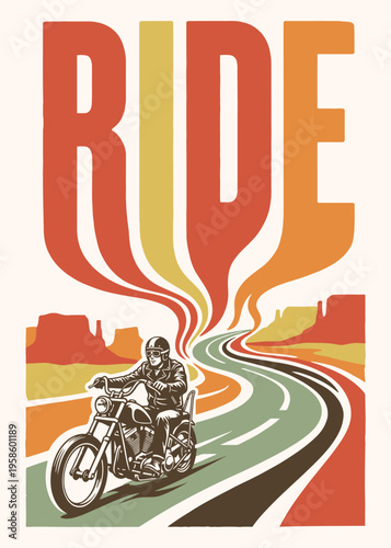 Vintage style motorcycle rider on desert highway poster