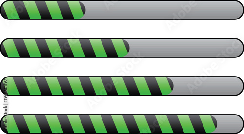 Green striped progress bar set. Loading indicator interface with diagonal pattern design. Modern status bar element for user interface applications.