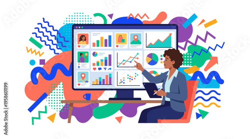 Modern flat vector scene: A corporate businesswoman analyzes data analytics and marketing strategy on a large screen with a vibrant Memphis-style abstract background