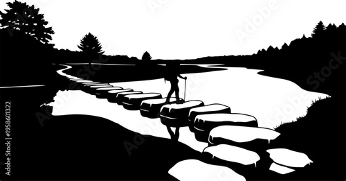 Black silhouette landscape, stepping stones, river crossing, monochrome illustration