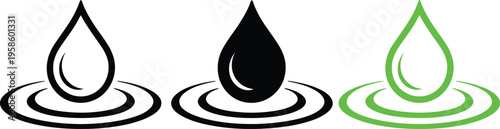 Three stylized water droplets with varying visual effects and outlines