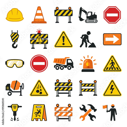 A vibrant flat vector icon set for construction safety, roadwork warnings, industrial equipment, and essential worker protection.
