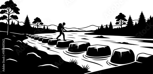 Black silhouette, man hiking, stepping stones, river landscape, monochrome vector illustration