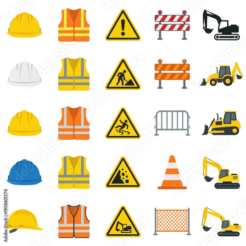 Minimalist vector icons representing construction safety gear, hazard warnings, site barriers, and heavy machinery for work zones.