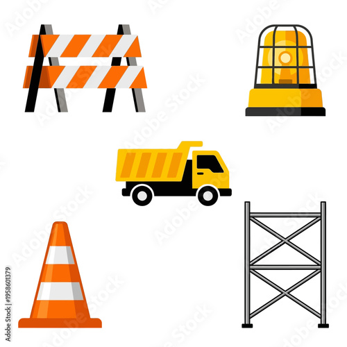 Essential flat vector construction site equipment and safety elements collection for infrastructure projects and roadwork