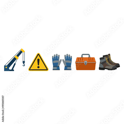 Modern Flat Design Vector Icons Illustrating Essential Construction and Workplace Safety Equipment and Tools Collection