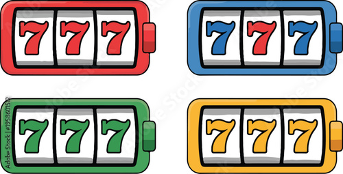Set of four slot machine reels showing winning combinations casino jackpot symbols gambling game illustration collection